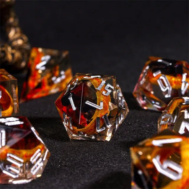Ringbearer’s Fortune – 7pc Handmade Amber Ring Dice Set - Nerd Gear Gaming Inc.