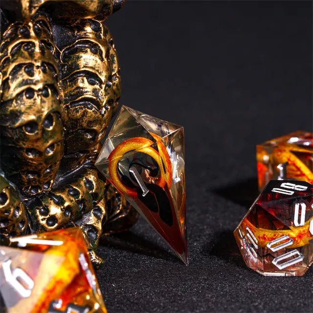 Ringbearer’s Fortune – 7pc Handmade Amber Ring Dice Set - Nerd Gear Gaming Inc.