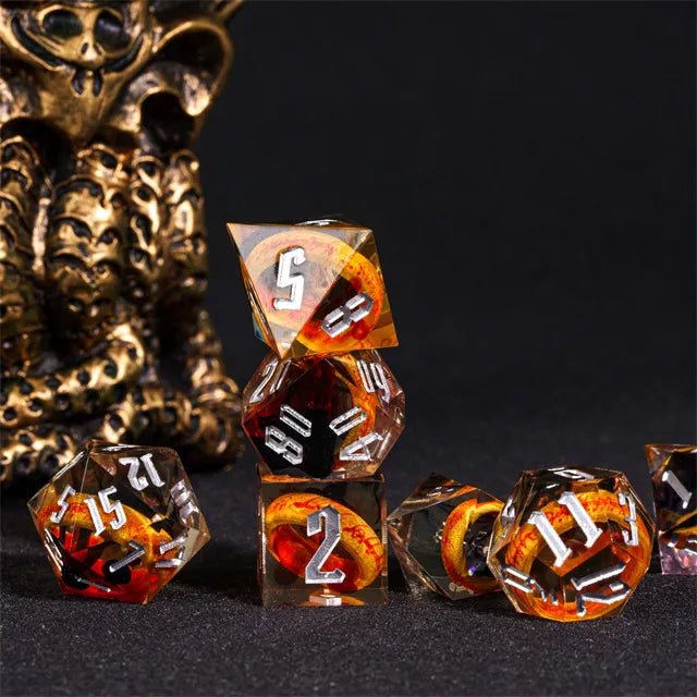 Ringbearer’s Fortune – 7pc Handmade Amber Ring Dice Set - Nerd Gear Gaming Inc.