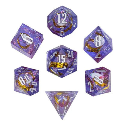 The Astral Coil – 7pc Handmade Golden Ribbon Dice Set - Nerd Gear Gaming Inc.