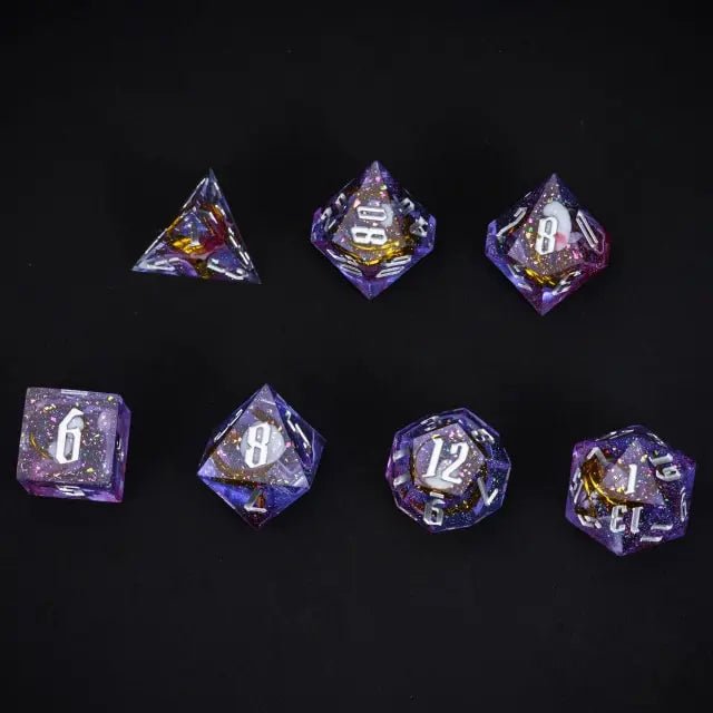 The Astral Coil – 7pc Handmade Golden Ribbon Dice Set - Nerd Gear Gaming Inc.
