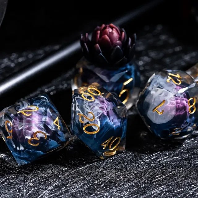 The Shadow Bloom – 7pc Handmade Sharp Lotus Dice Set - Nerd Gear Gaming Inc.