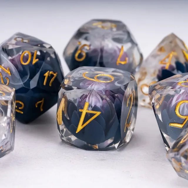 The Shadow Bloom – 7pc Handmade Sharp Lotus Dice Set - Nerd Gear Gaming Inc.
