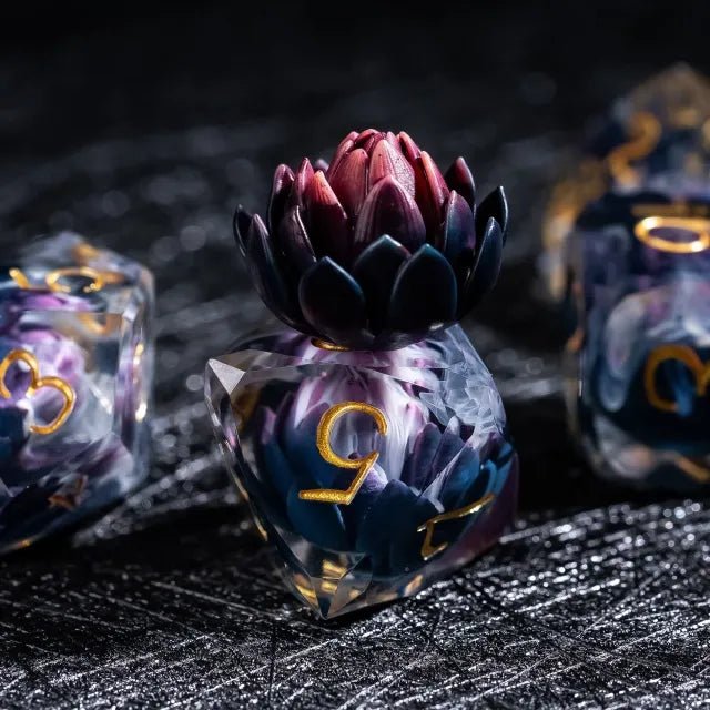 The Shadow Bloom – 7pc Handmade Sharp Lotus Dice Set - Nerd Gear Gaming Inc.
